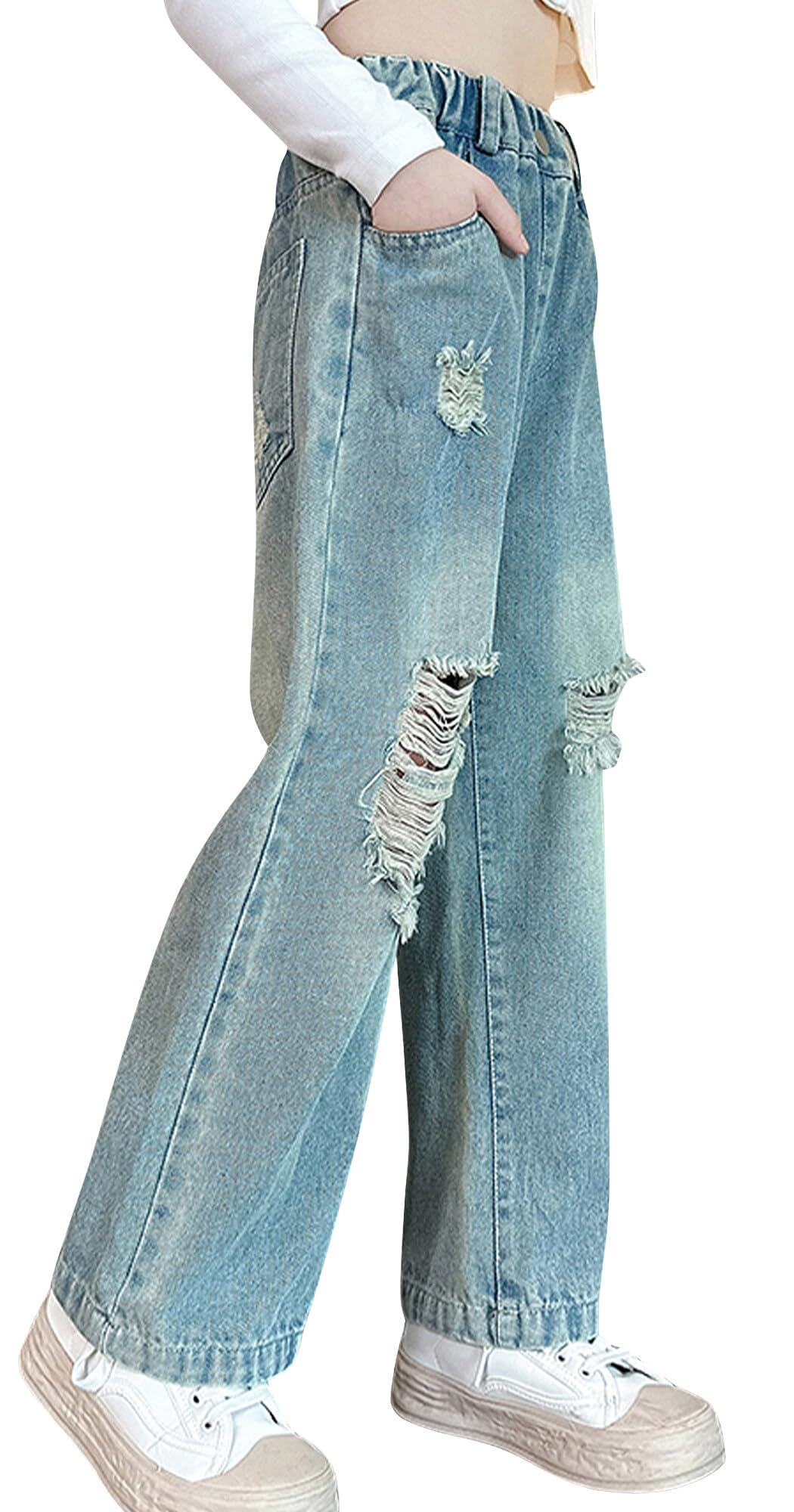 Happy Cherry Baggy Jeans for Girls 10-12 Ripped Wide Leg Denim Cargo Pants Y2k Kids Cute Aesthetic Clothes