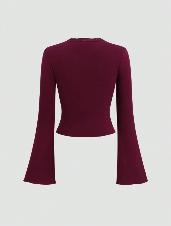 Womens Lace Splicing Slim Fit V-Neck Top