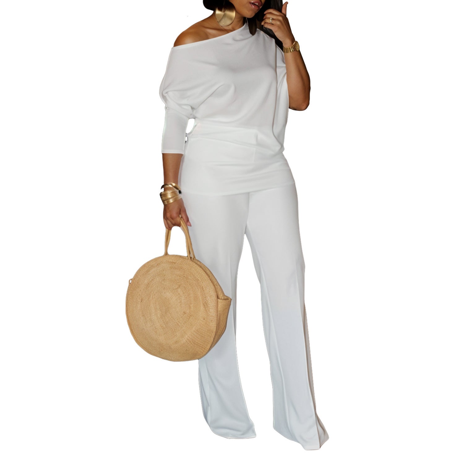 Women's Solid Color Asymmetrical Neck Top and Wide Leg Pants Set