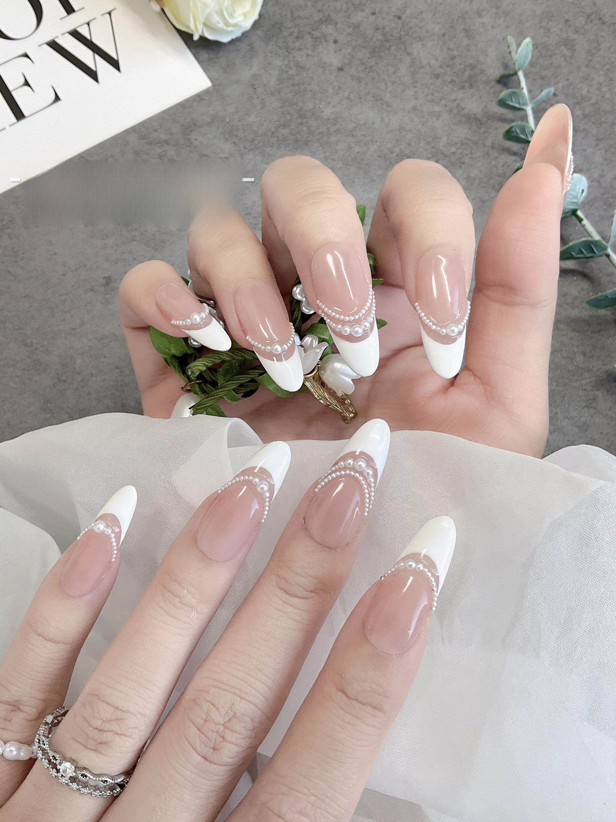 Pearl French Style Handmade Wearable Nails