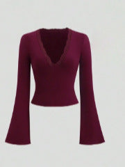 Womens Lace Splicing Slim Fit V-Neck Top
