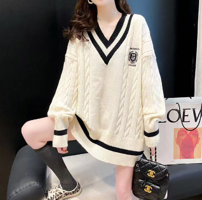 White V-Neck Knit Sweater for Women - Casual Style