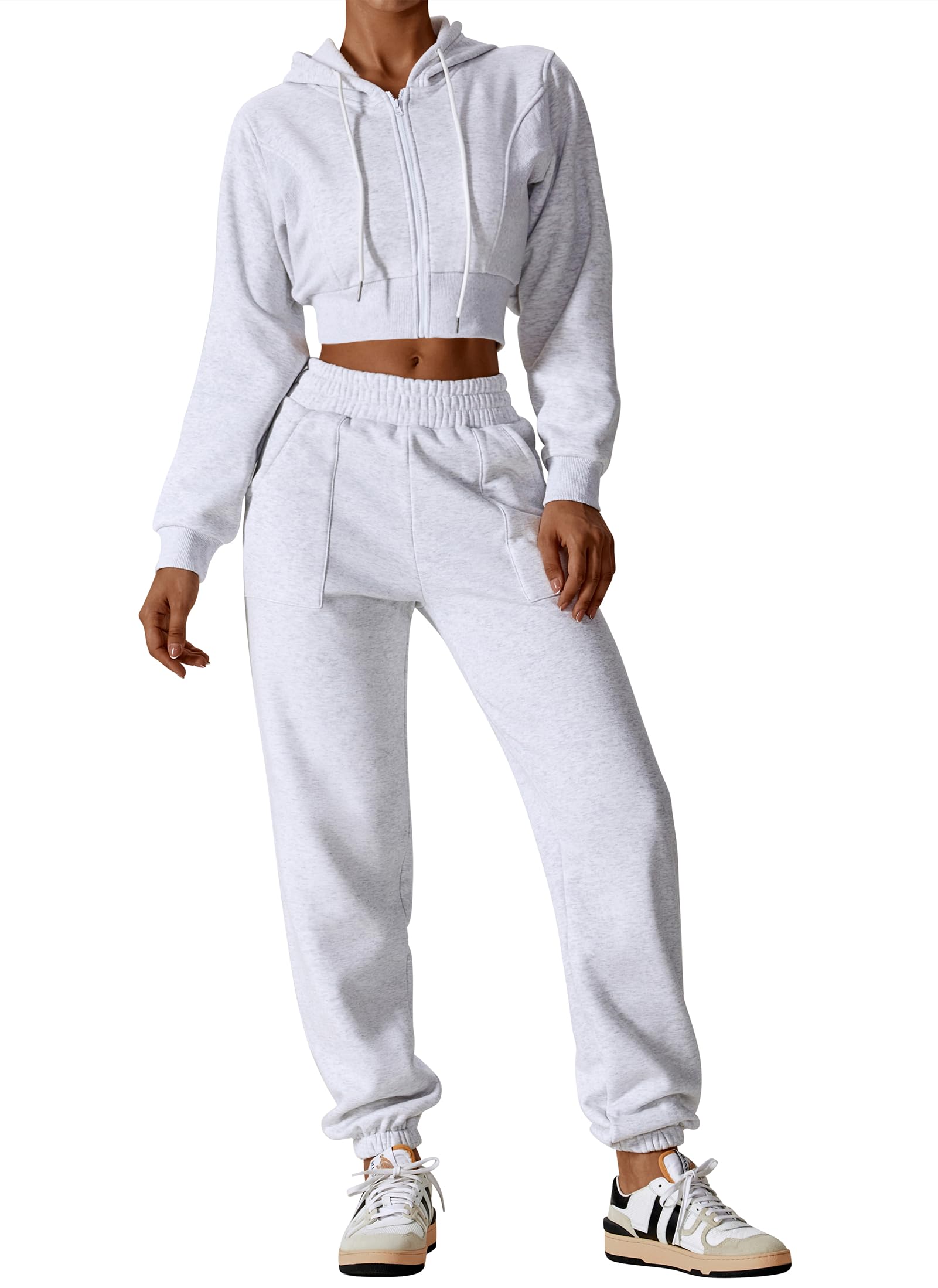 ABOCIW Two Piece Outfits for Women Sweat Sets Fleece Long Sleeve Cropped Zip Up Hoodies Sweatshirts Sweatpants Joggers Set Y2K Clothes Fall Outfits for Women 2023 Gray Medium