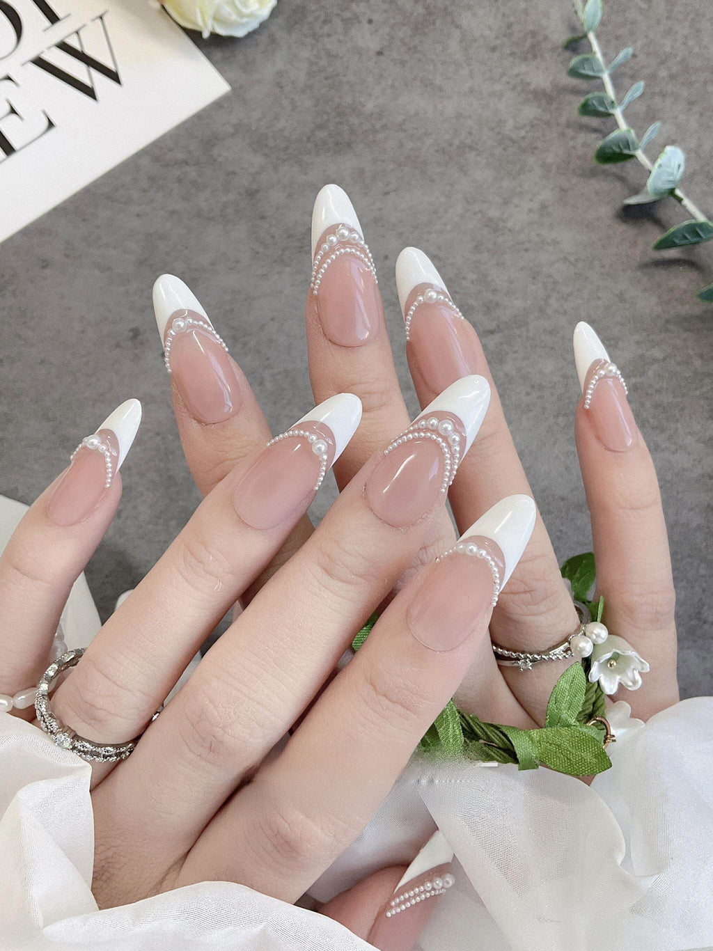 Pearl French Style Handmade Wearable Nails