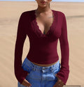 Womens Lace Splicing Slim Fit V-Neck Top