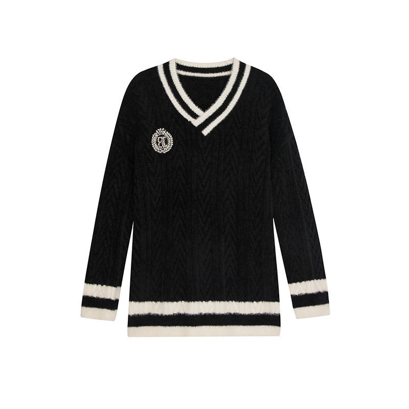 White V-Neck Knit Sweater for Women - Casual Style
