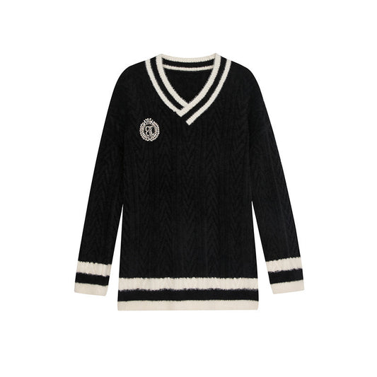 White V-Neck Knit Sweater for Women - Casual Style