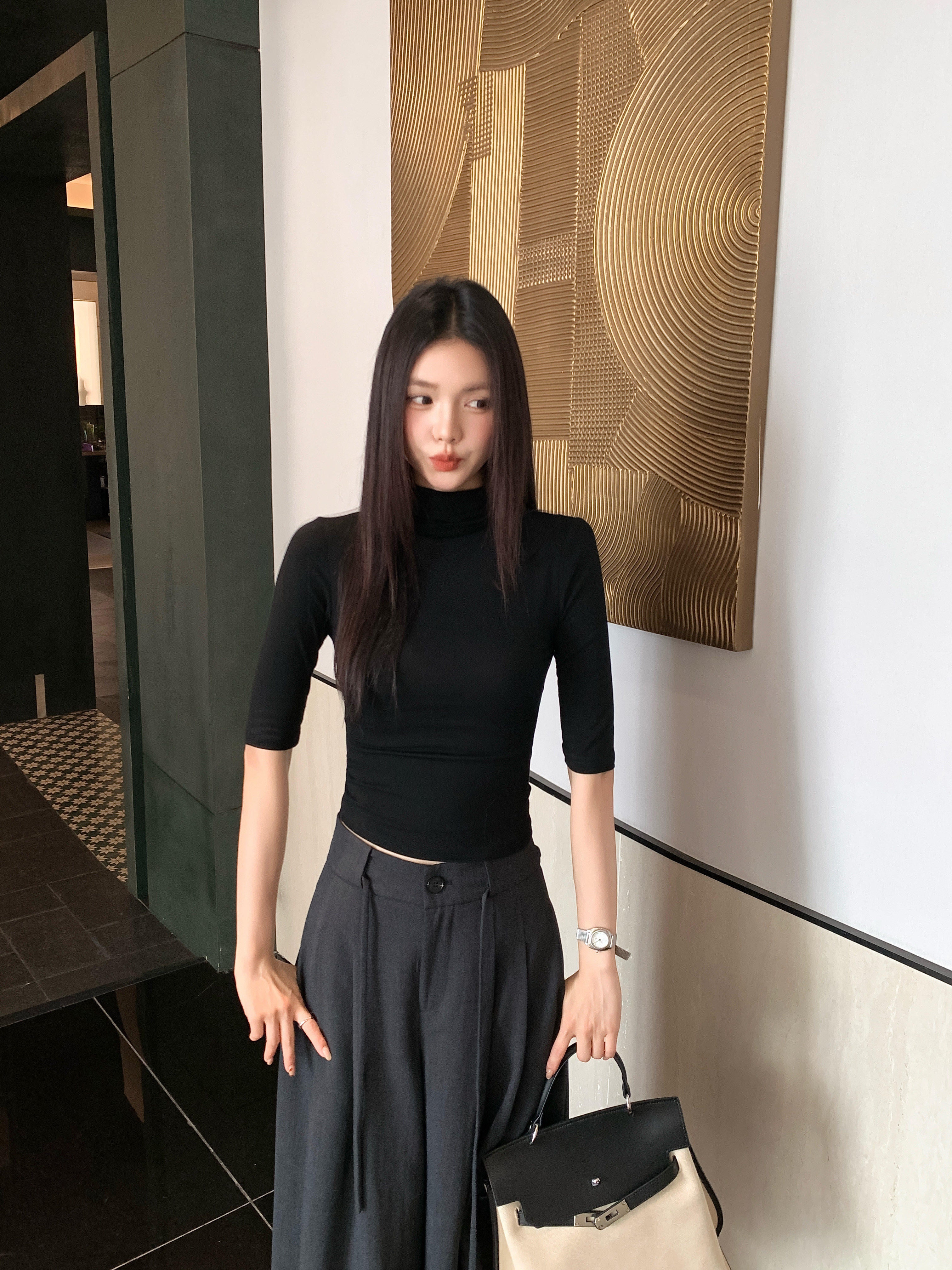 Black Slim Fit Mid-Sleeve Womens Top