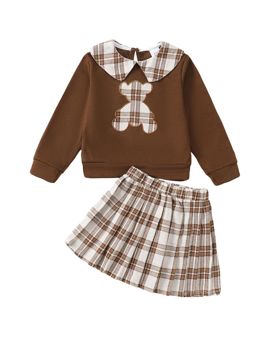 Kucnuzki Little Girls Clothes Kids Clothes Long Sleeve Top Toddler Shirt Brown Mini Skirt 2 Piece Outfits Skirt 4T 5T Girls Clothes Toddler Fall Winter Outfit
