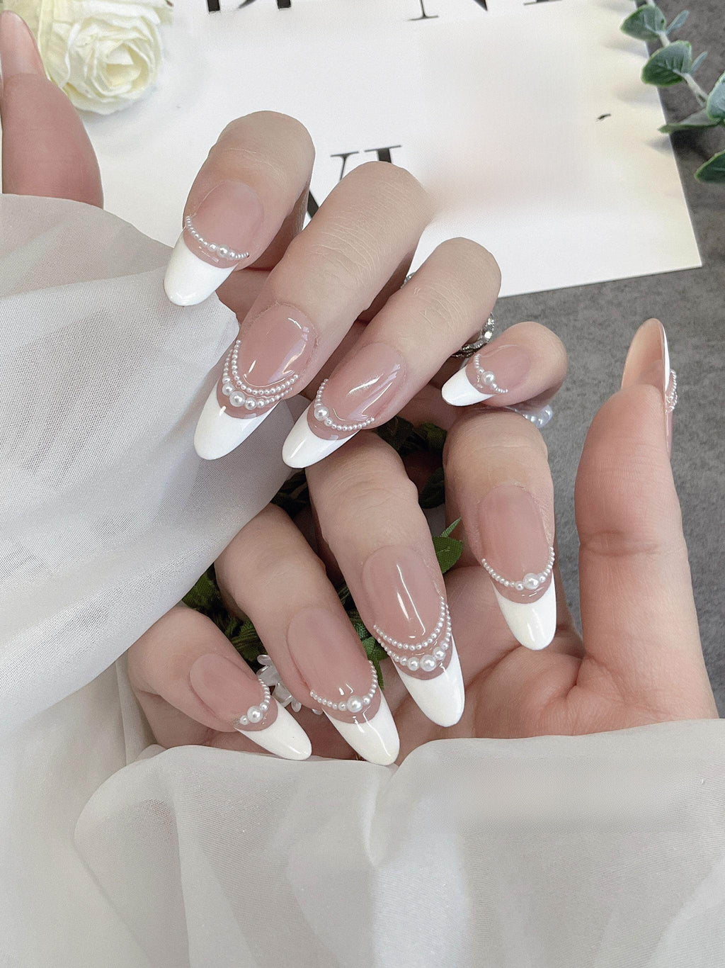 Pearl French Style Handmade Wearable Nails
