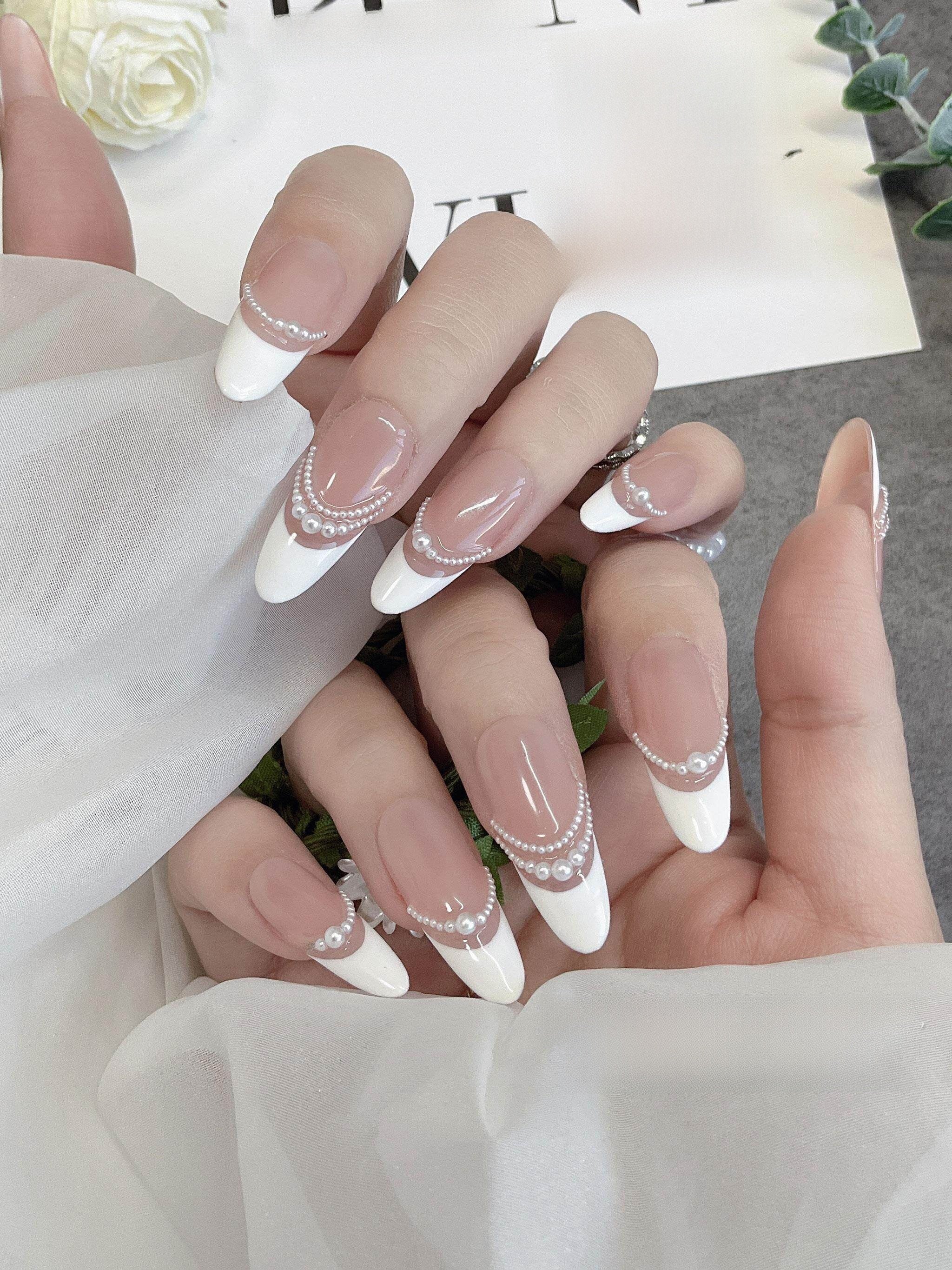 Pearl French Style Handmade Wearable Nails