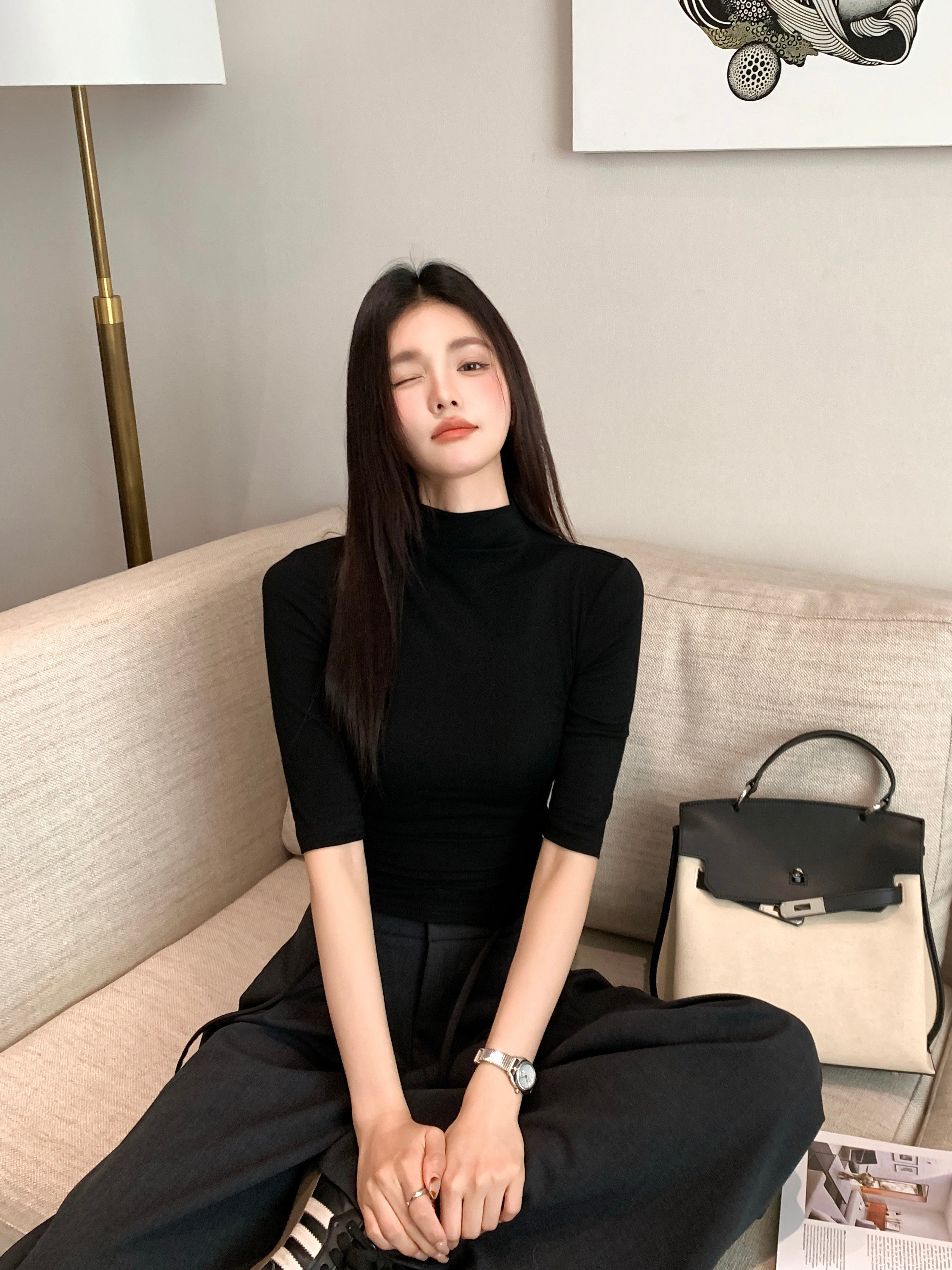 Black Slim Fit Mid-Sleeve Womens Top
