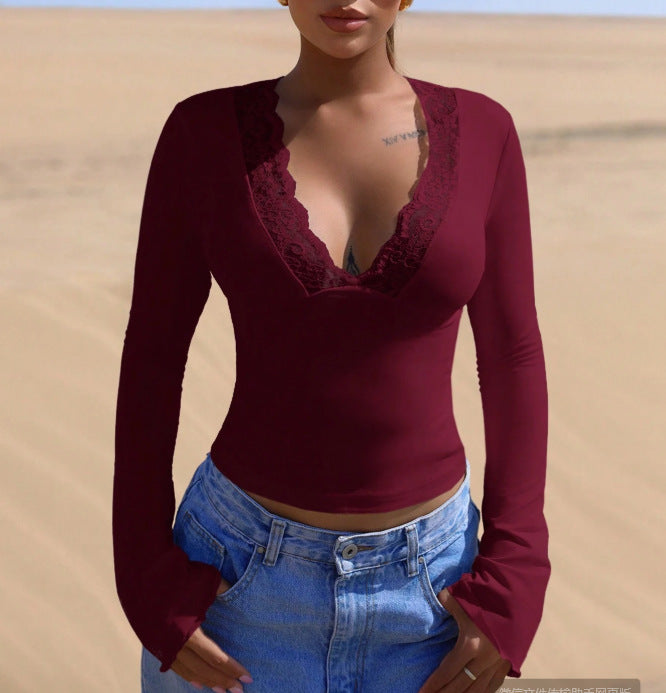 Womens Lace Splicing Slim Fit V-Neck Top
