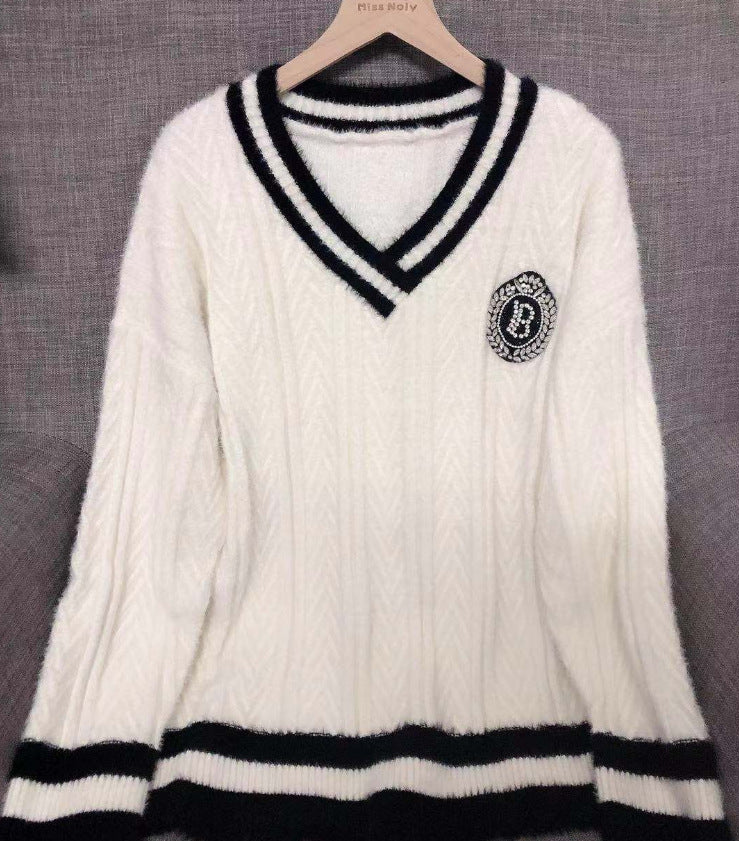 White V-Neck Knit Sweater for Women - Casual Style