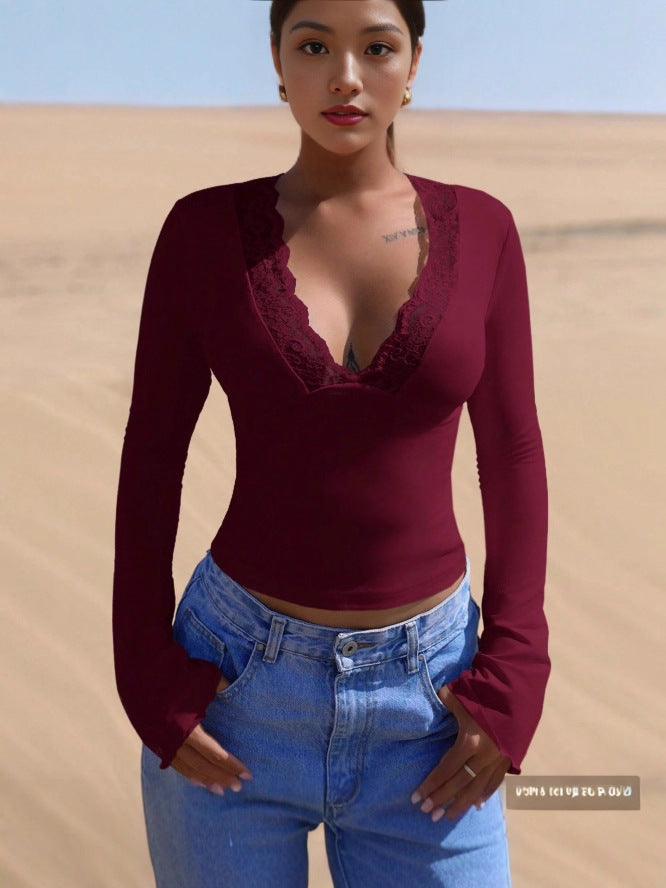 Womens Lace Splicing Slim Fit V-Neck Top