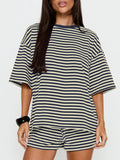 Striped Short Sleeve Top and Drawstring Shorts Set