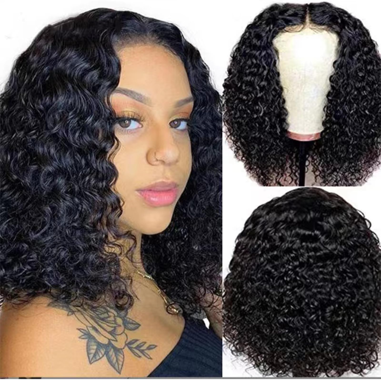 XIROM UN Wig Glue Free Precut 4x4 Lace Front Wig Women Human Hair Glue Free 180% Density Water Bob Wig Human Hair Beginner Curl Front Wig (14 Inch)