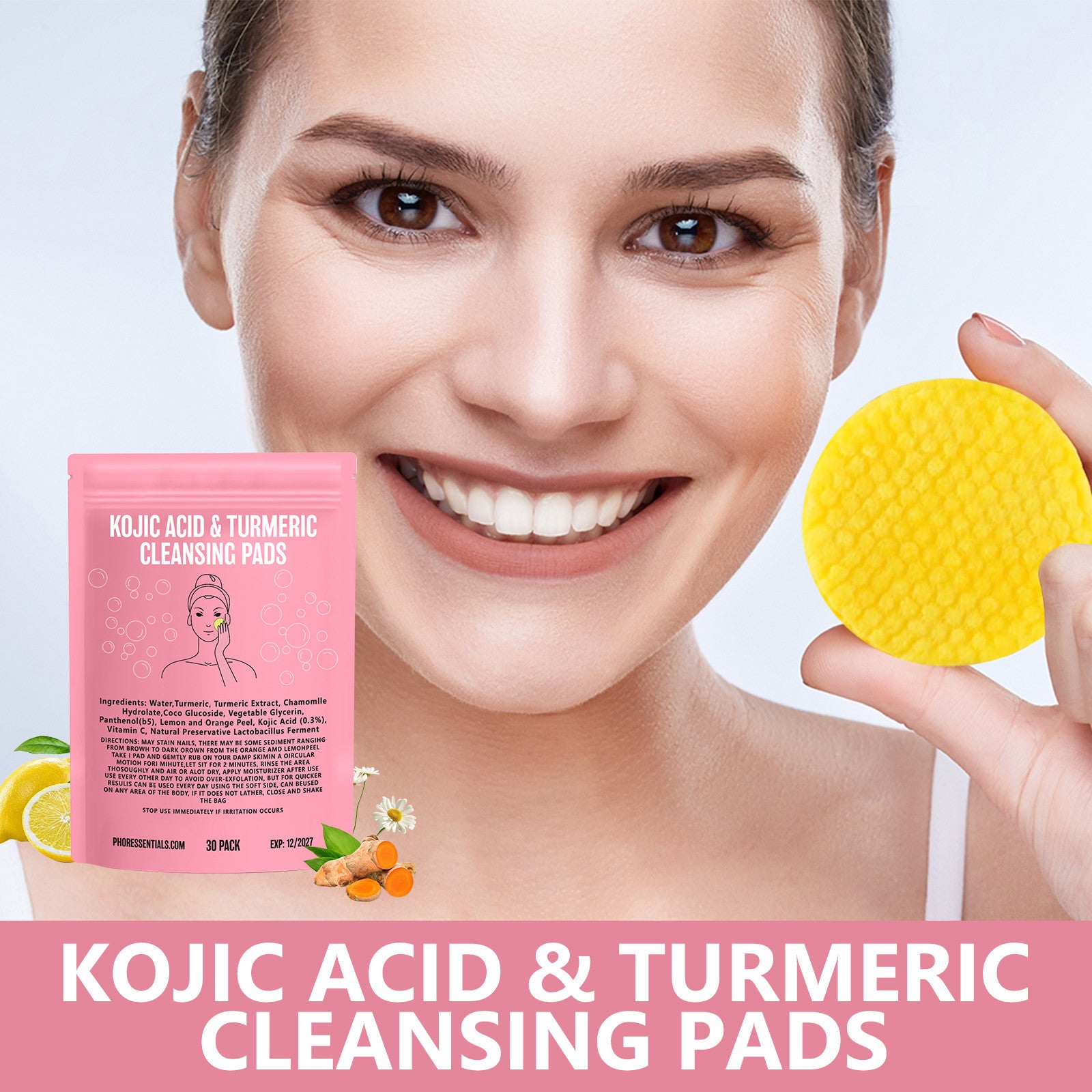 Kojic Acid Cleansing Pore Gentle Not Tight Daily Skin Care Moisturizing and Brightening Facial Turmeric Cleansing Pad