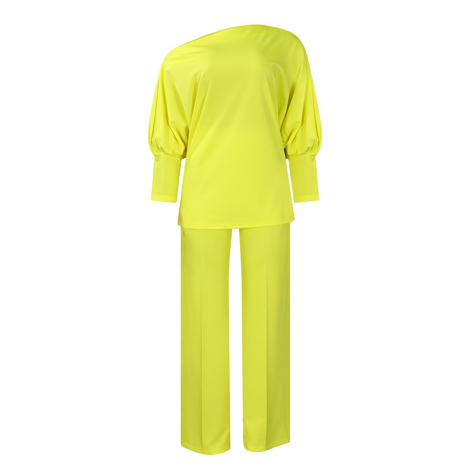 Women's Solid Color Asymmetrical Neck Top and Wide Leg Pants Set