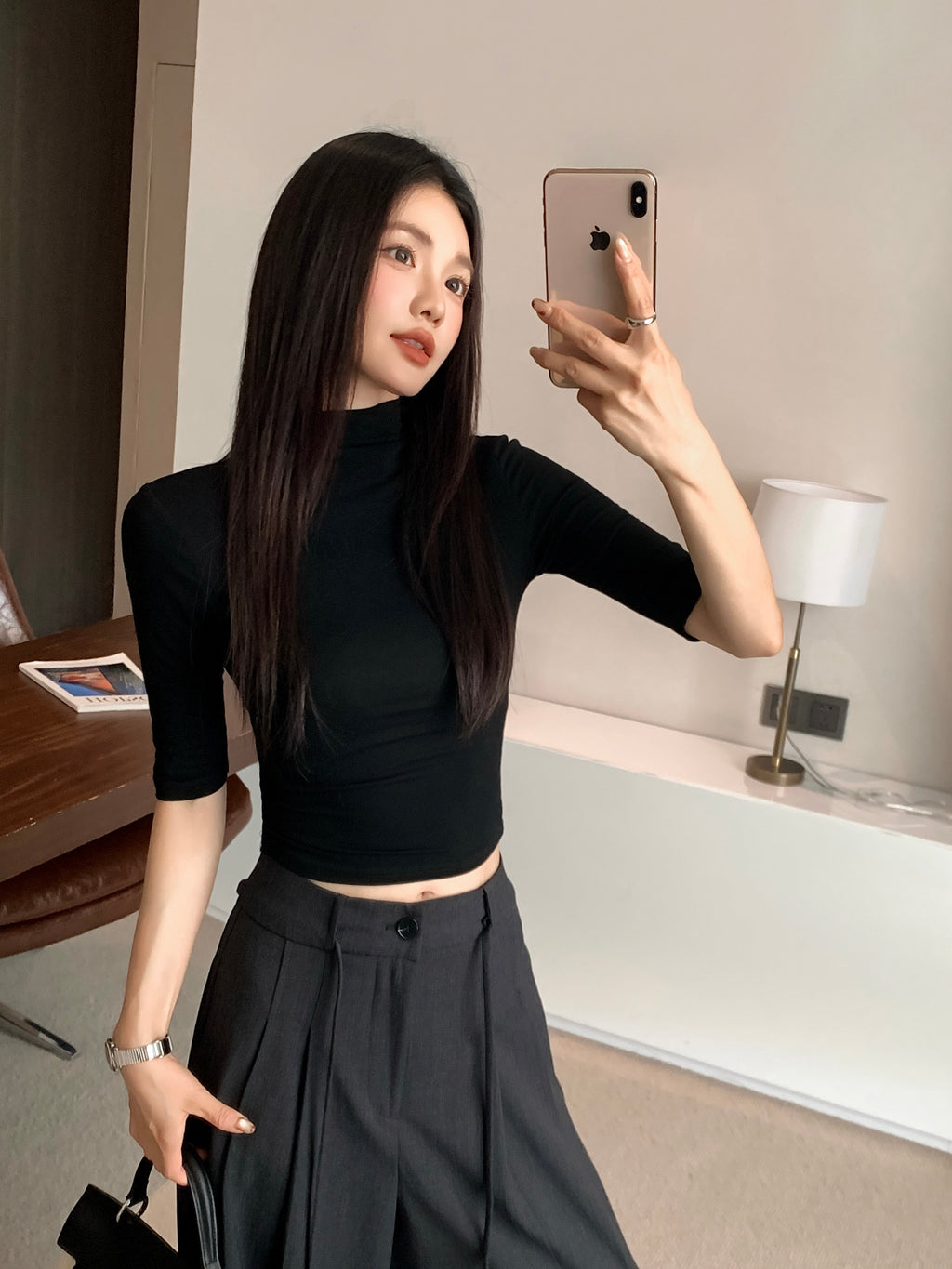 Black Slim Fit Mid-Sleeve Womens Top