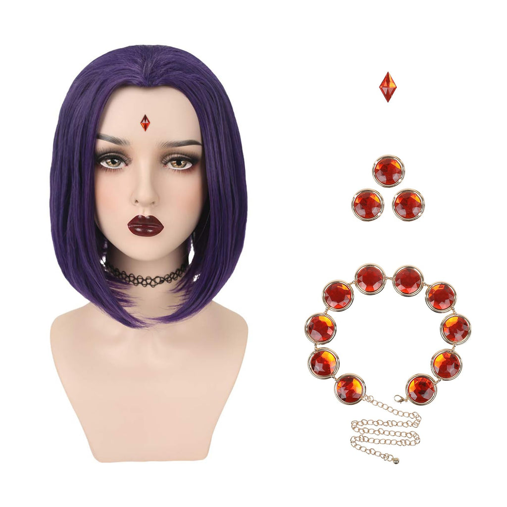 YOGFIT Womens Teen Superhero Purple Straight Wig with Widows Peak Synthetic Wig Cosplay Halloween Costume Wig (Purple-Set)