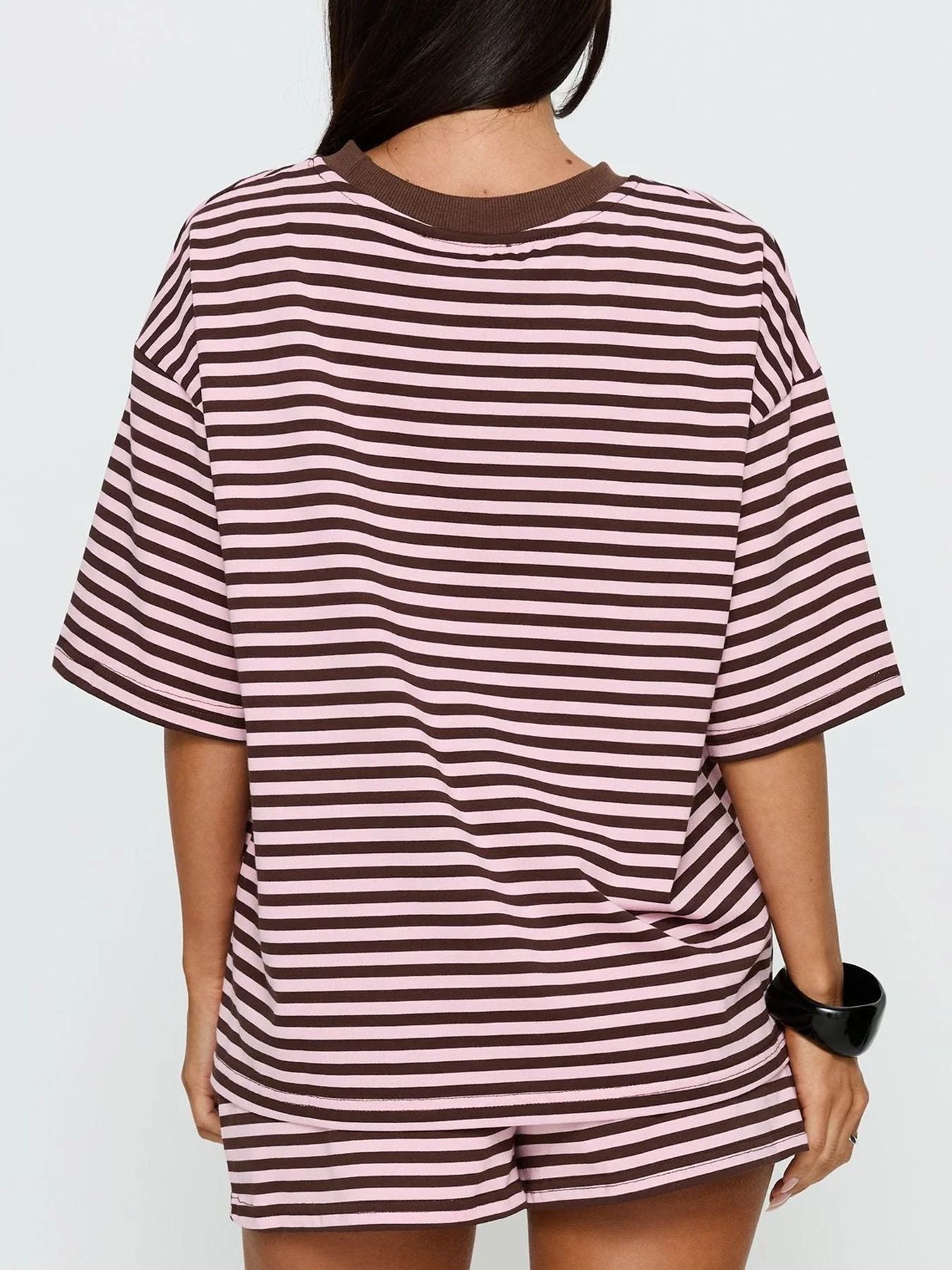 Striped Short Sleeve Top and Drawstring Shorts Set