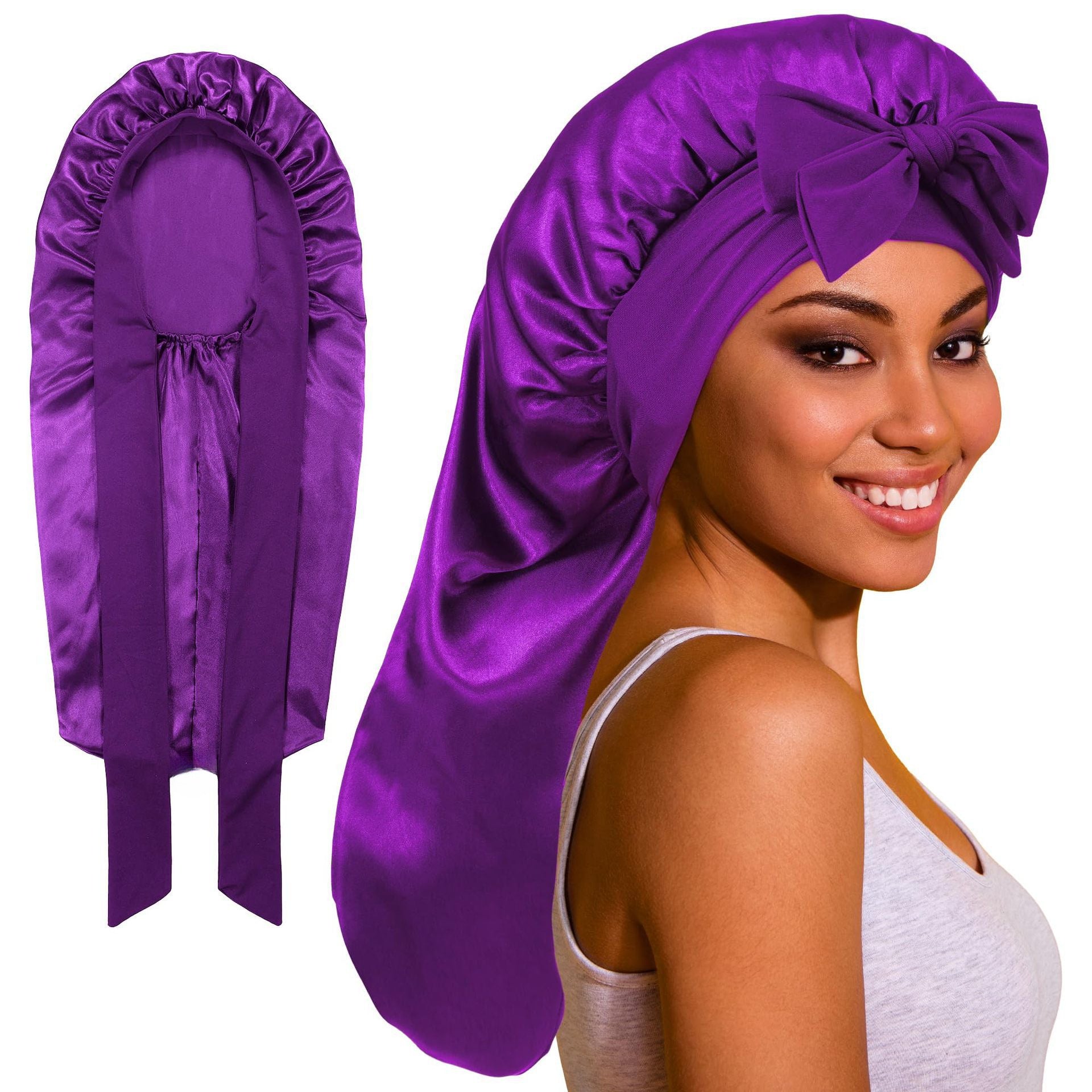 Long Satin Sleep Cap with Tie for Hair Protection