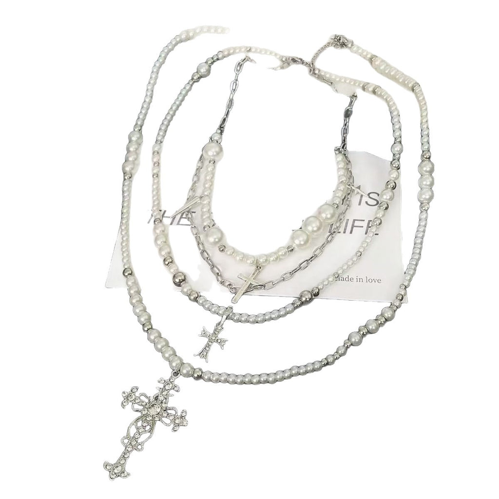 Cross Stacked Pearl Necklace Women Long Layered Alloy Clavicle Chain Jewelry