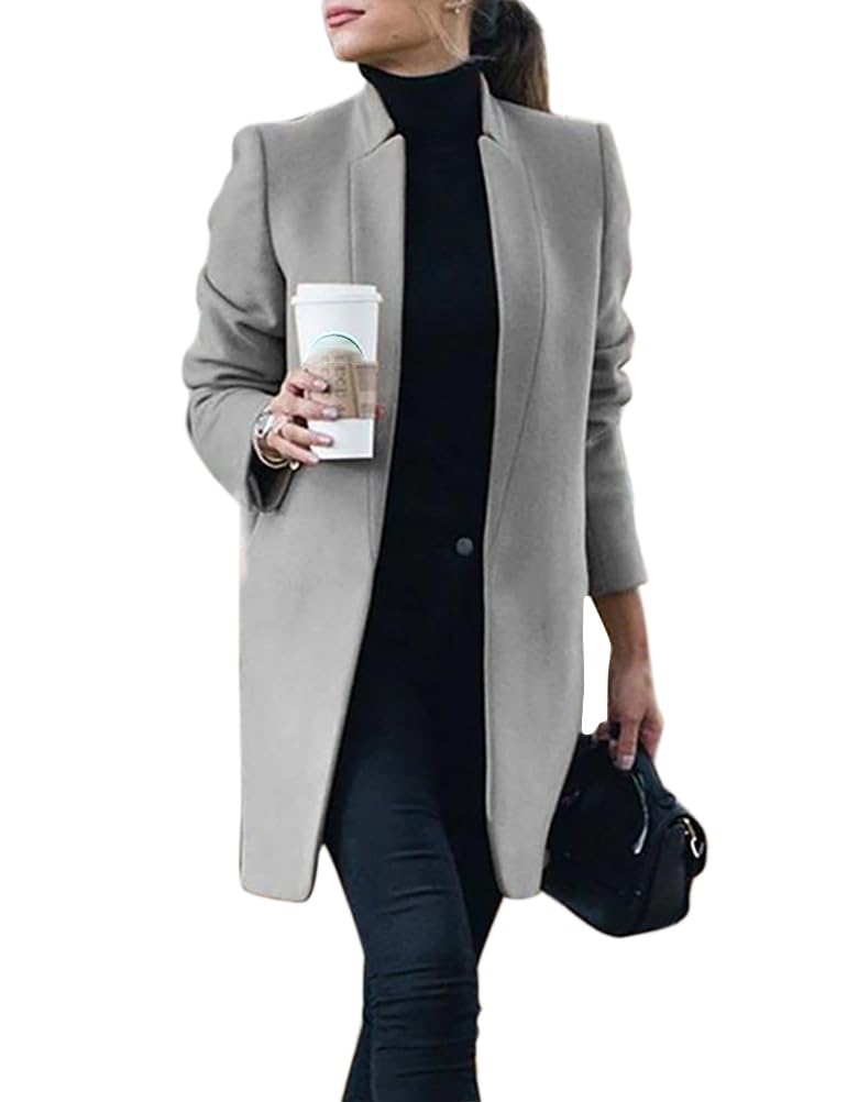 IDEALSANXUN Wool Coats for Women Long Tweed Blazer Jackets Midi Length Trench Coats for Women 2024 Peacoat Fall Fashion Outfits Winter Clothes with Pockets Grey XL