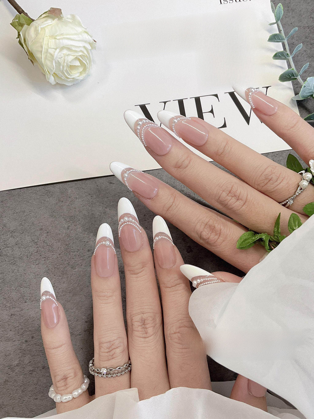 Pearl French Style Handmade Wearable Nails