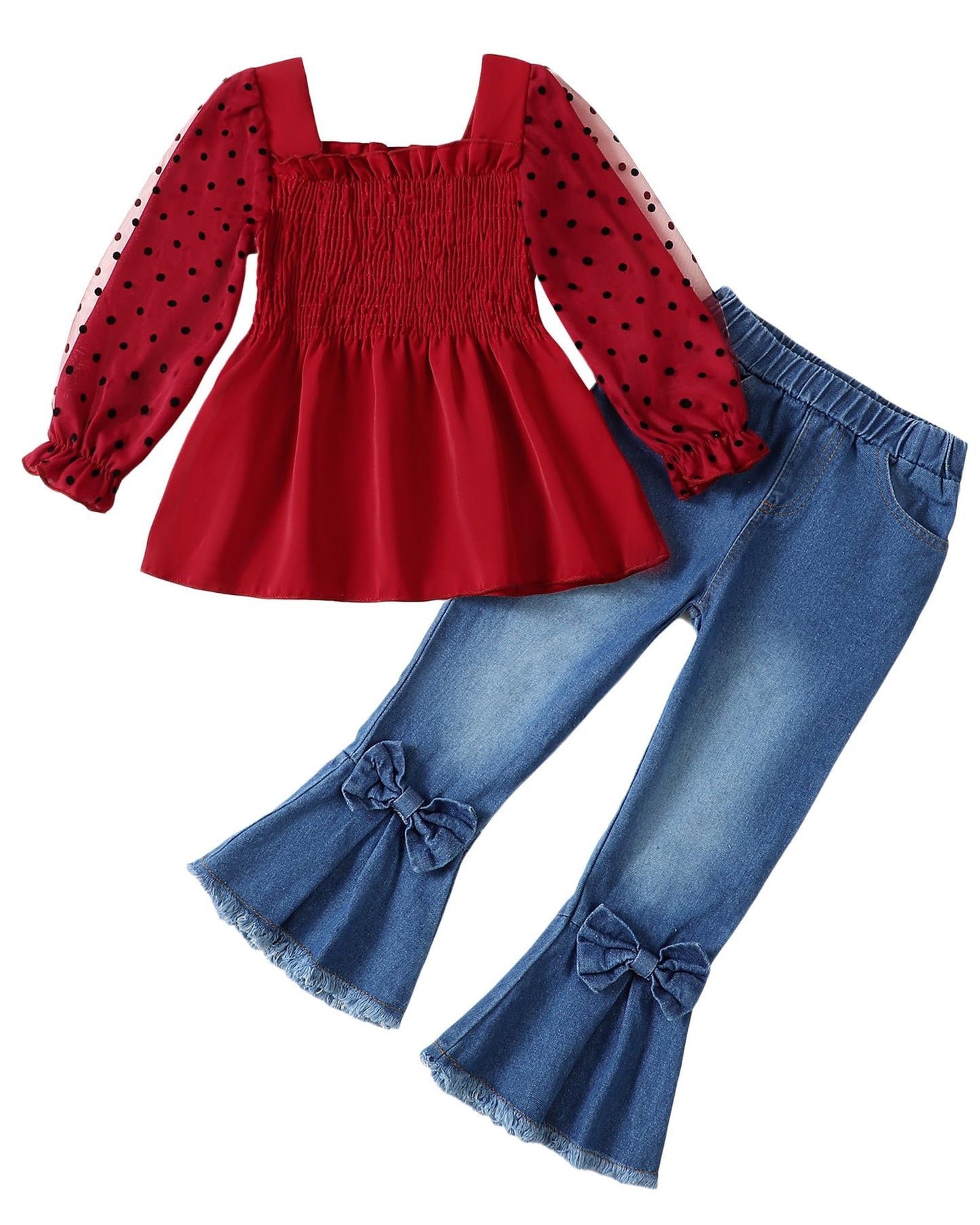 Kids Clothes Little Girl Fall Outfit Maroon Long Sleeve Shirts for Girls Square Neck Top Bell Bottom Jeans Denim Pants for 5 6 Year Old Girl Clothes