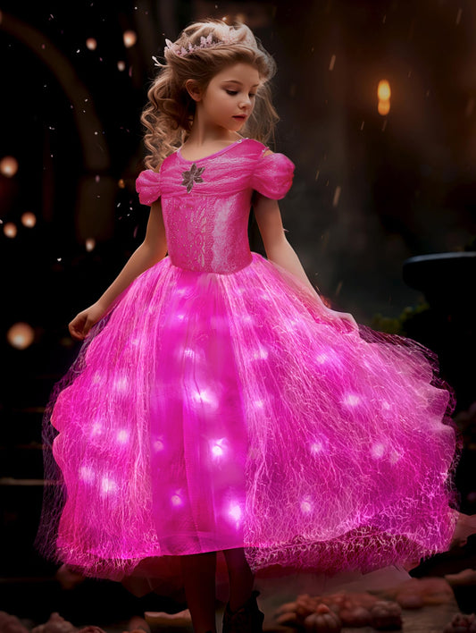 UPORPOR Light Up Pink Princess Dresses for Girls Halloween Costumes Dressing Up Clothes for Little Girl Kids Party Christmas 150
