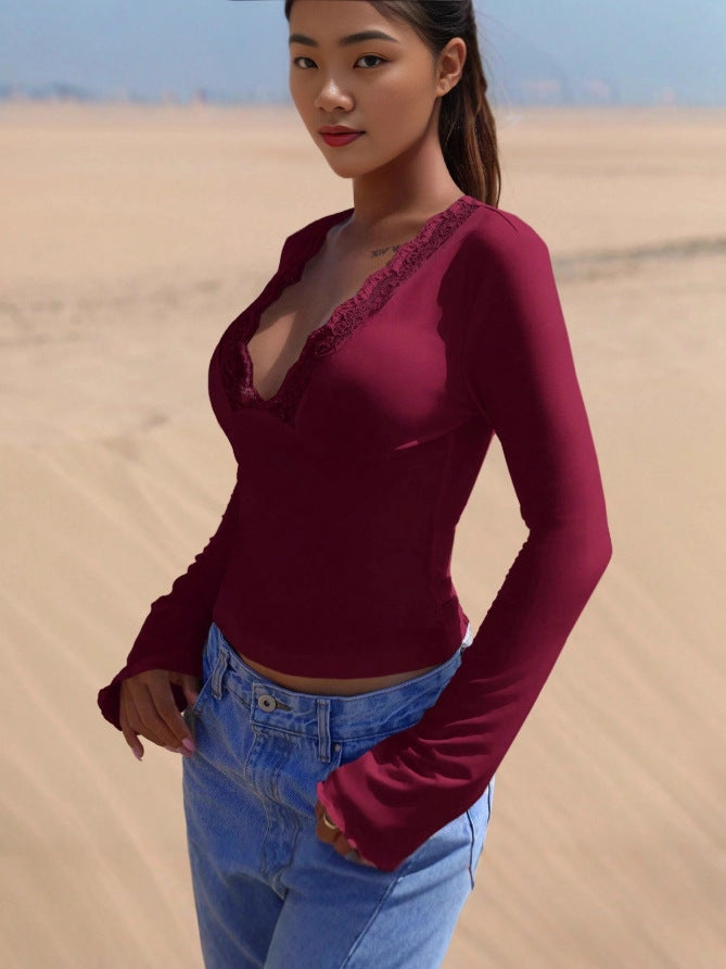 Womens Lace Splicing Slim Fit V-Neck Top