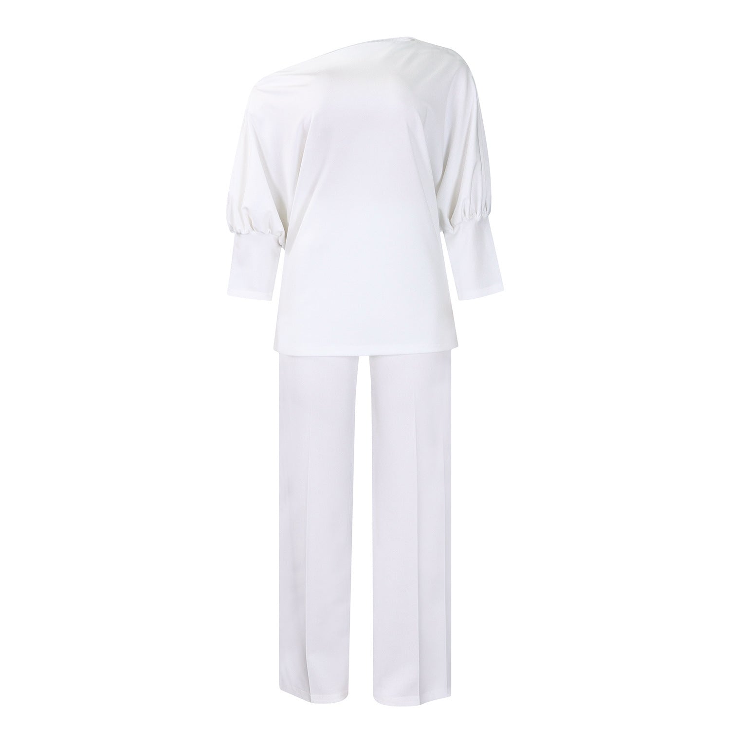 Women's Solid Color Asymmetrical Neck Top and Wide Leg Pants Set