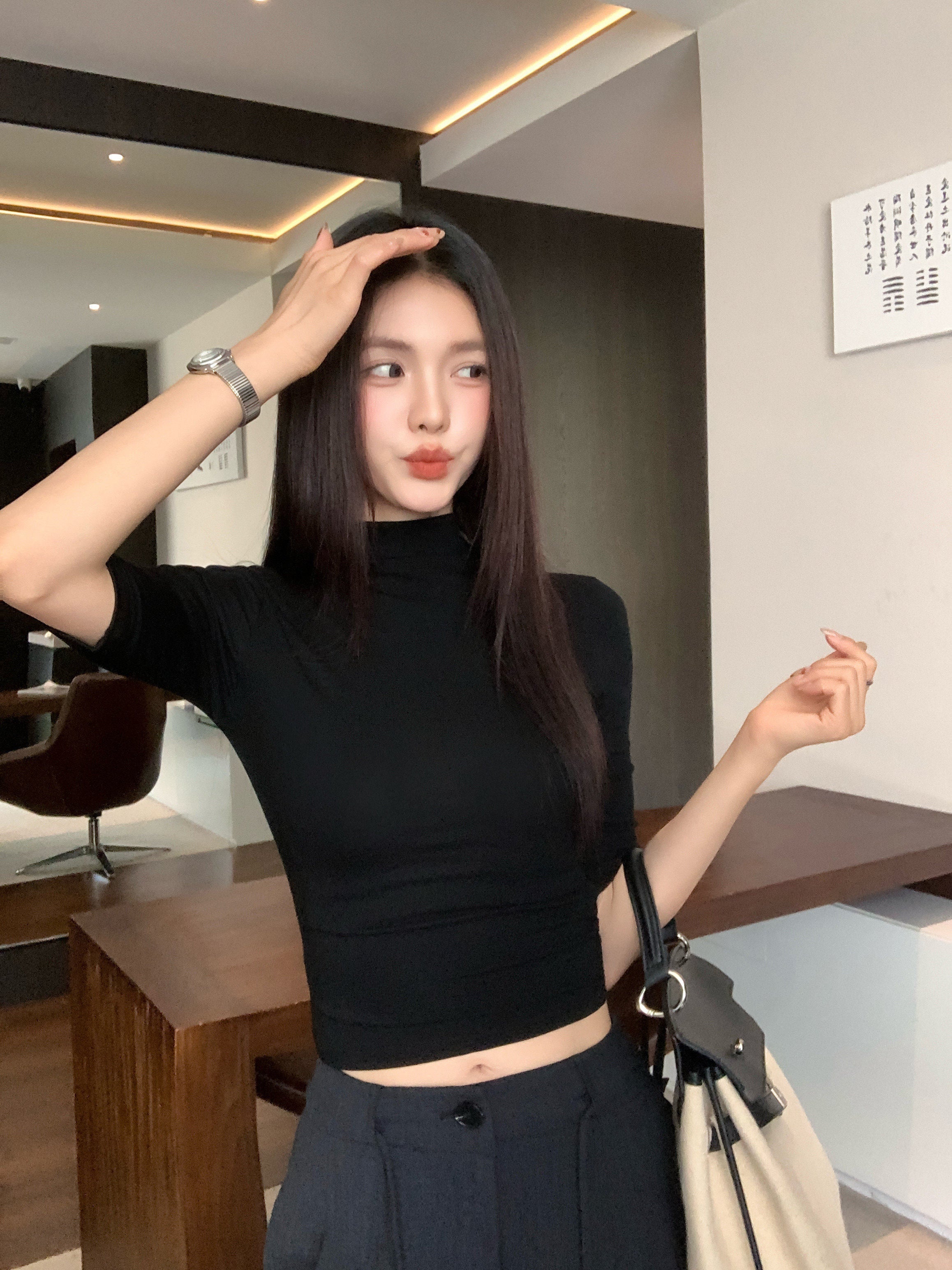 Black Slim Fit Mid-Sleeve Womens Top