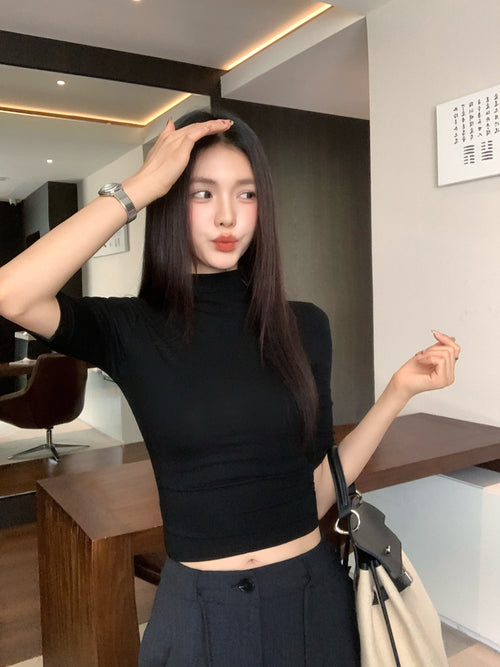 Black Slim Fit Mid-Sleeve Womens Top