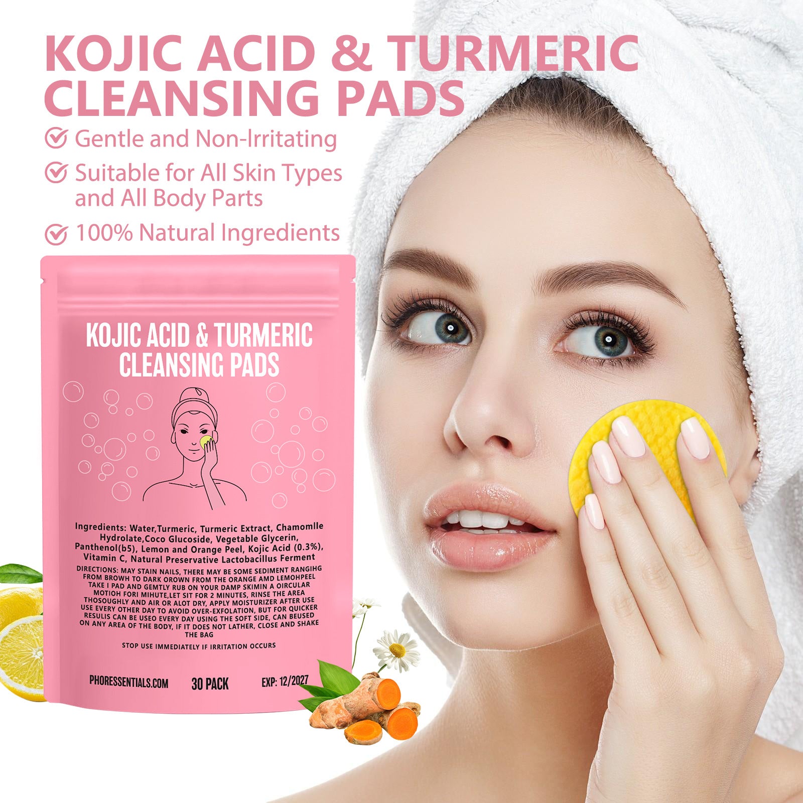 Kojic Acid Cleansing Pore Gentle Not Tight Daily Skin Care Moisturizing and Brightening Facial Turmeric Cleansing Pad