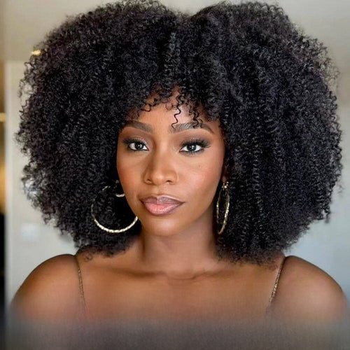 Afro Kinky Curly Human Hair Wigs with Bangs
